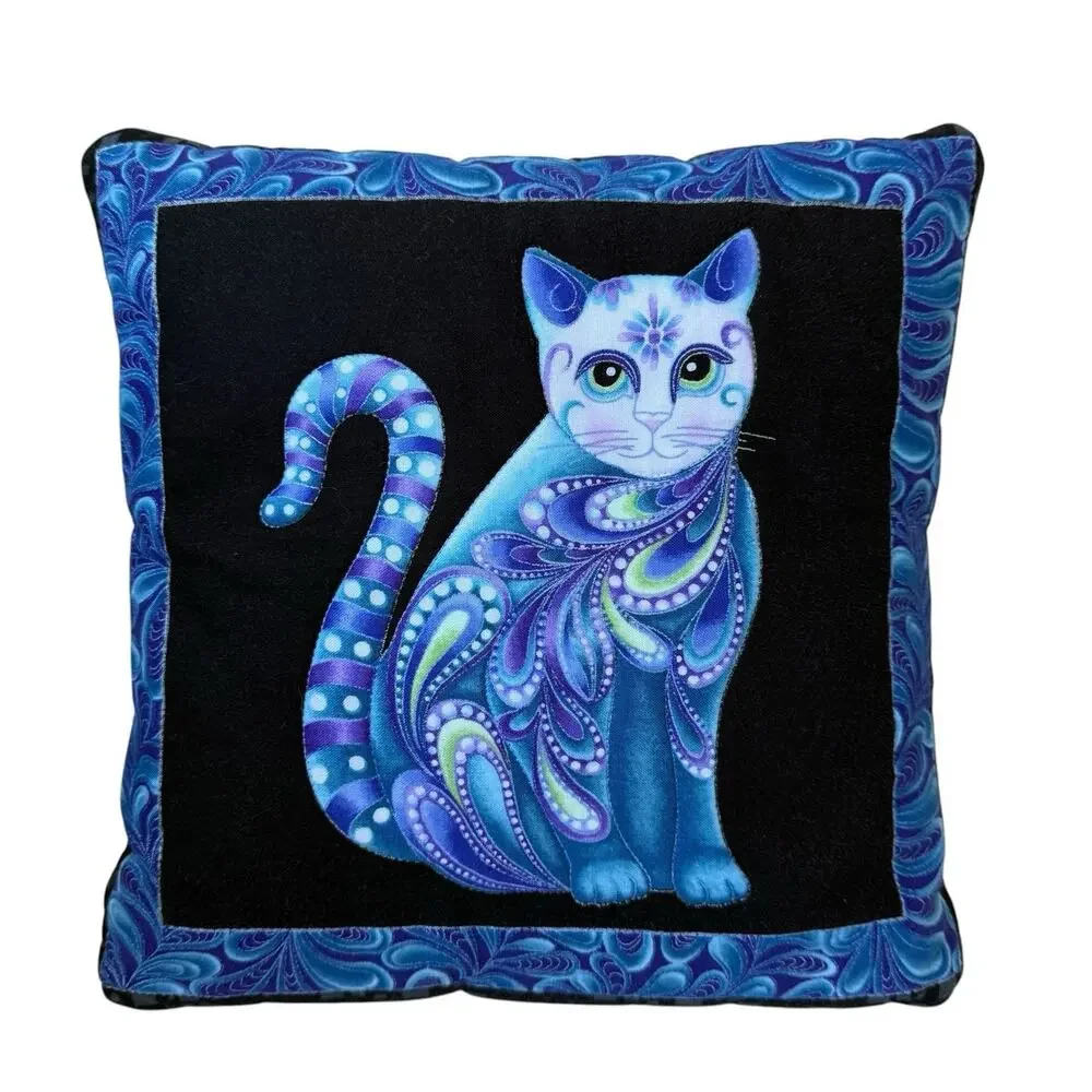 Folk Art Quilted Cat Bird Pillows Set Of 2 Black Multicolored 9” Square